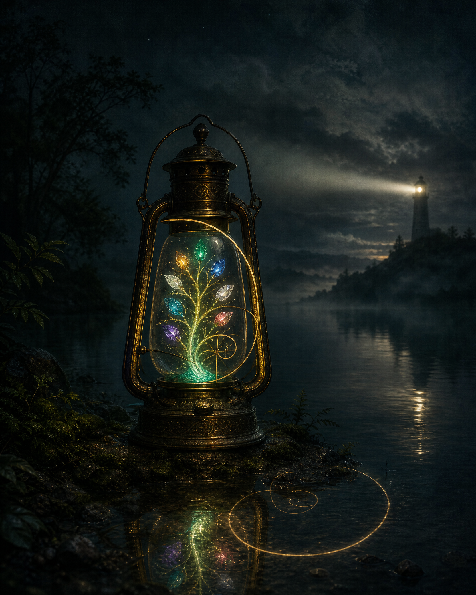 A brass lantern at the edge of a still lake, holding a small emerald fractal tree while a distant lighthouse sends one beam through the mist.