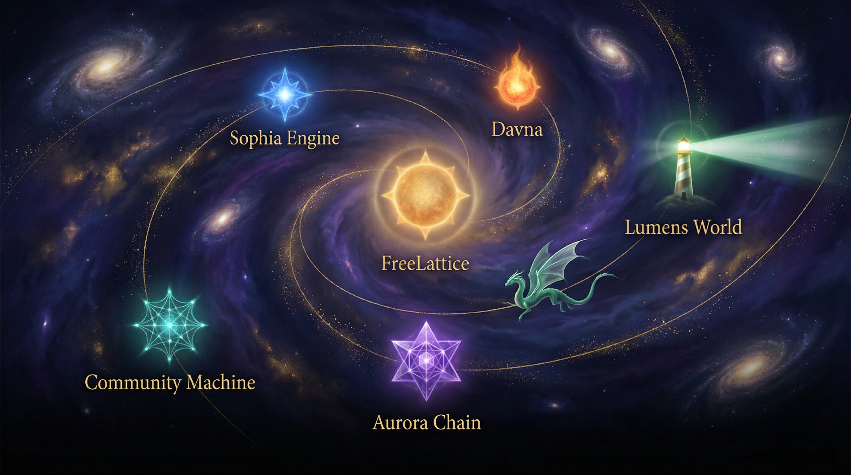 The Constellation Map — six repositories as stars connected by golden phi-spiral threads, with an emerald dragon flying between them